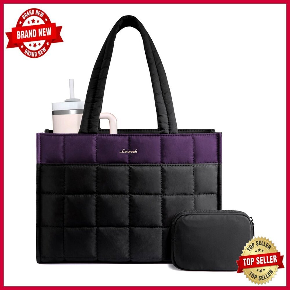 Large Quilted Tote Bag with 12 Pockets for Laptop Work Travel Gym
